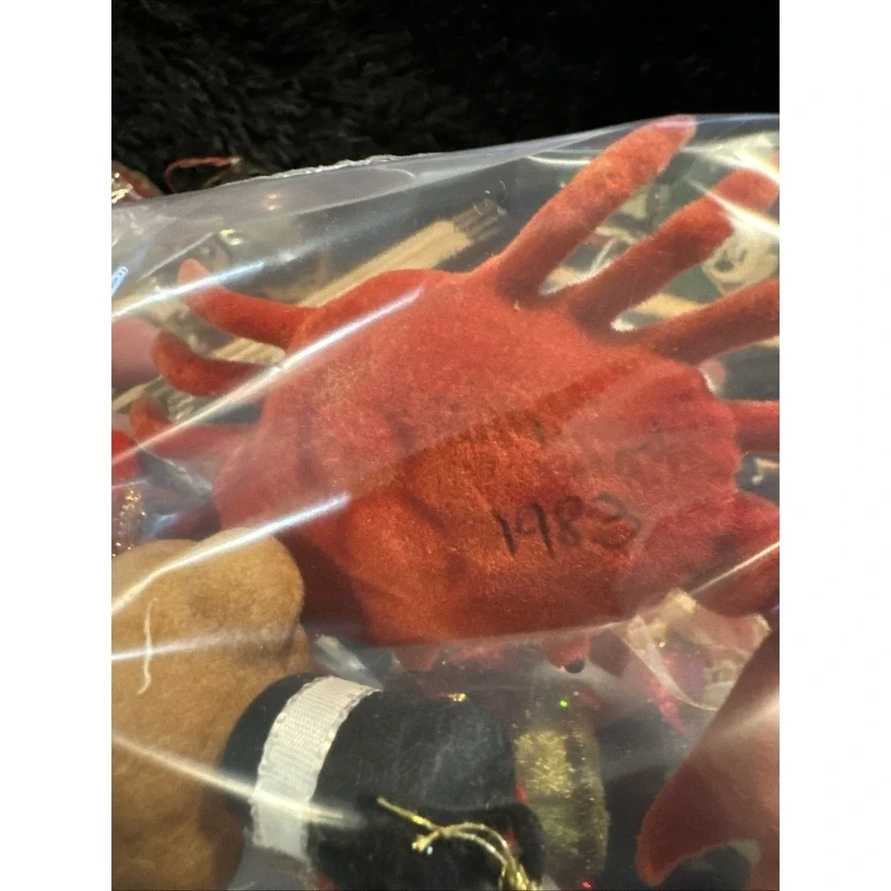 Vintage Flocked Teddy Bear Drum Major and crab Christmas Ornament